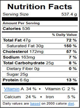 Almafi 16oz with whipping cream Nutritional Information